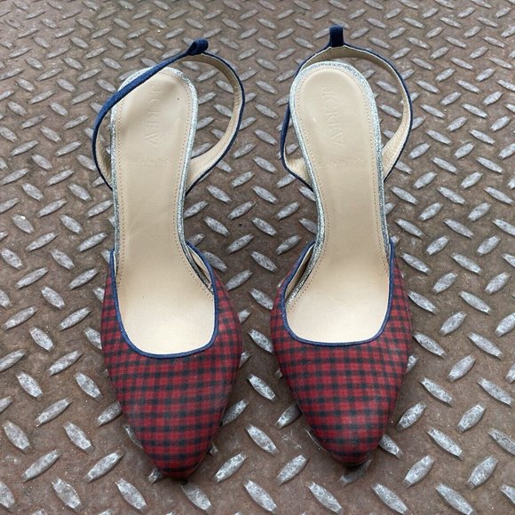 J. Crew Wonen Heel Pump Sandal Shoes Red Plaid Fabric Upper Shoes Size 7 - Picture 5 of 11